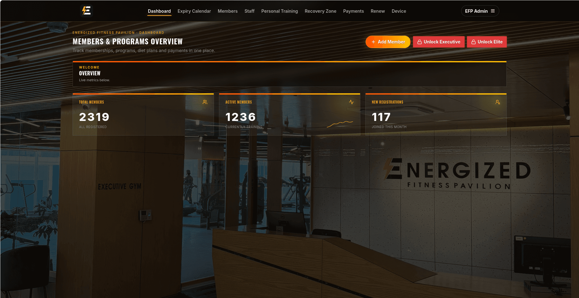 EFP dashboard showing membership totals and door controls for the Executive and Elite branches